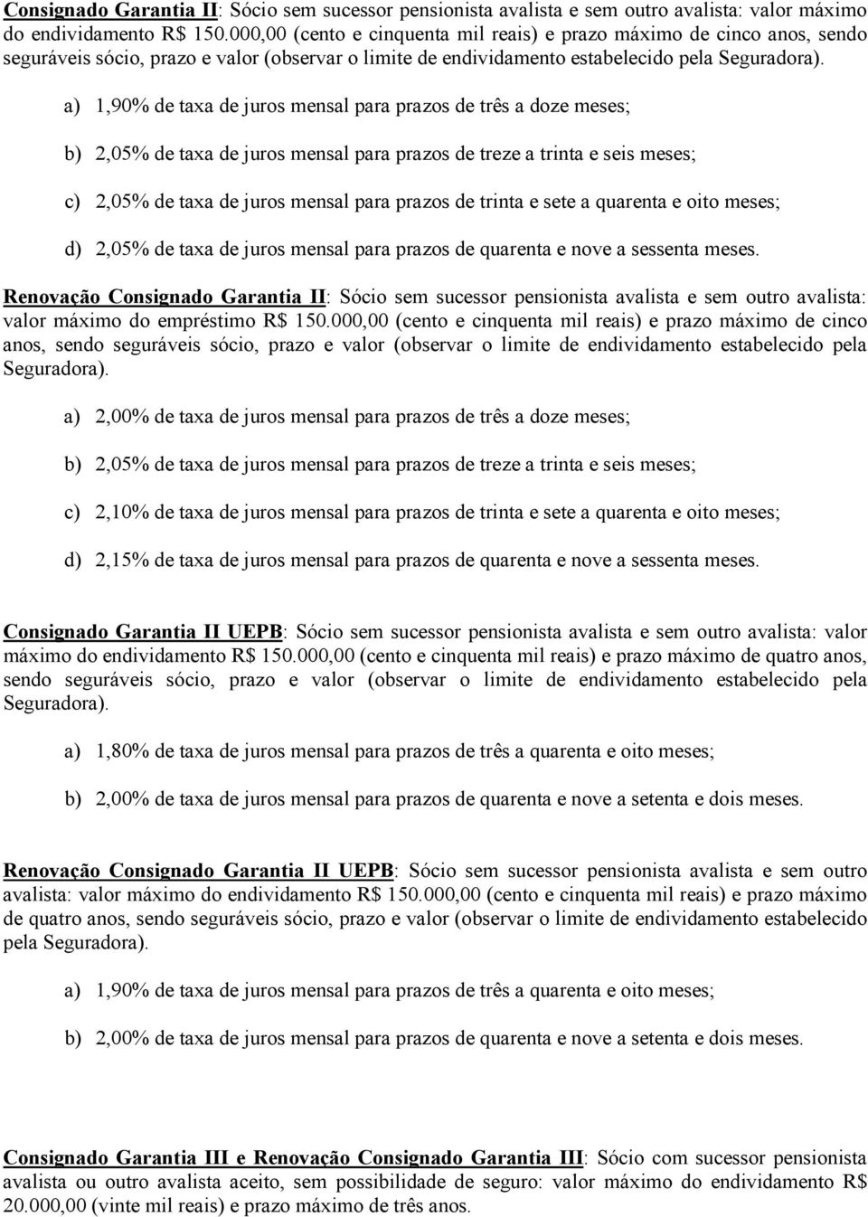 a) 1,90% de taxa de juros mensal para prazos de três a doze meses; b) 2,05% de taxa de juros mensal para prazos de treze a trinta e seis meses; c) 2,05% de taxa de juros mensal para prazos de trinta