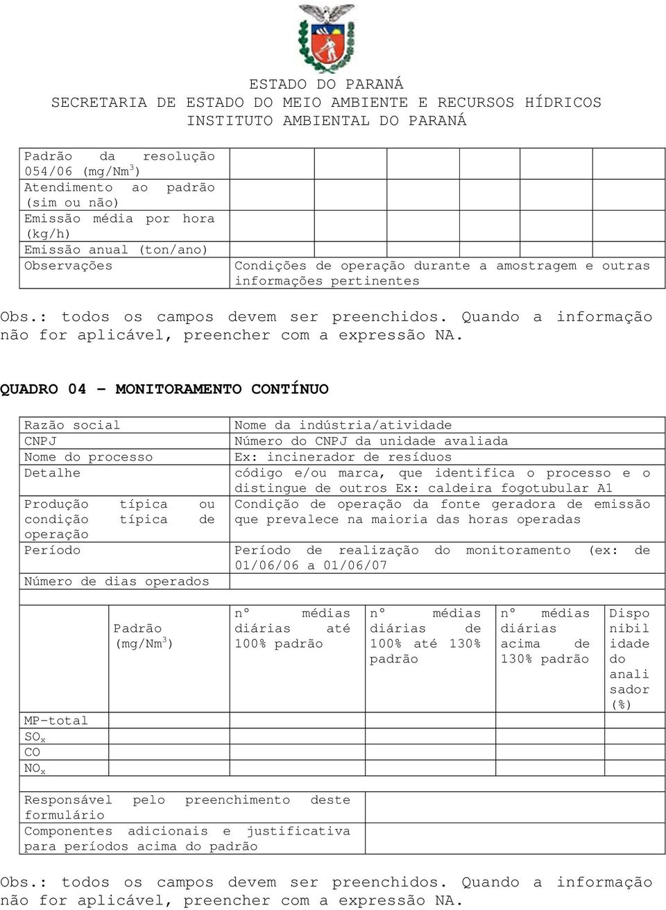 QUADRO 04 MONITORAMENTO CONTÍNUO Razão social CNPJ Nome do processo Detalhe Produção típica ou condição típica de operação Nome da indústria/atividade Número do CNPJ da unidade avaliada Ex: