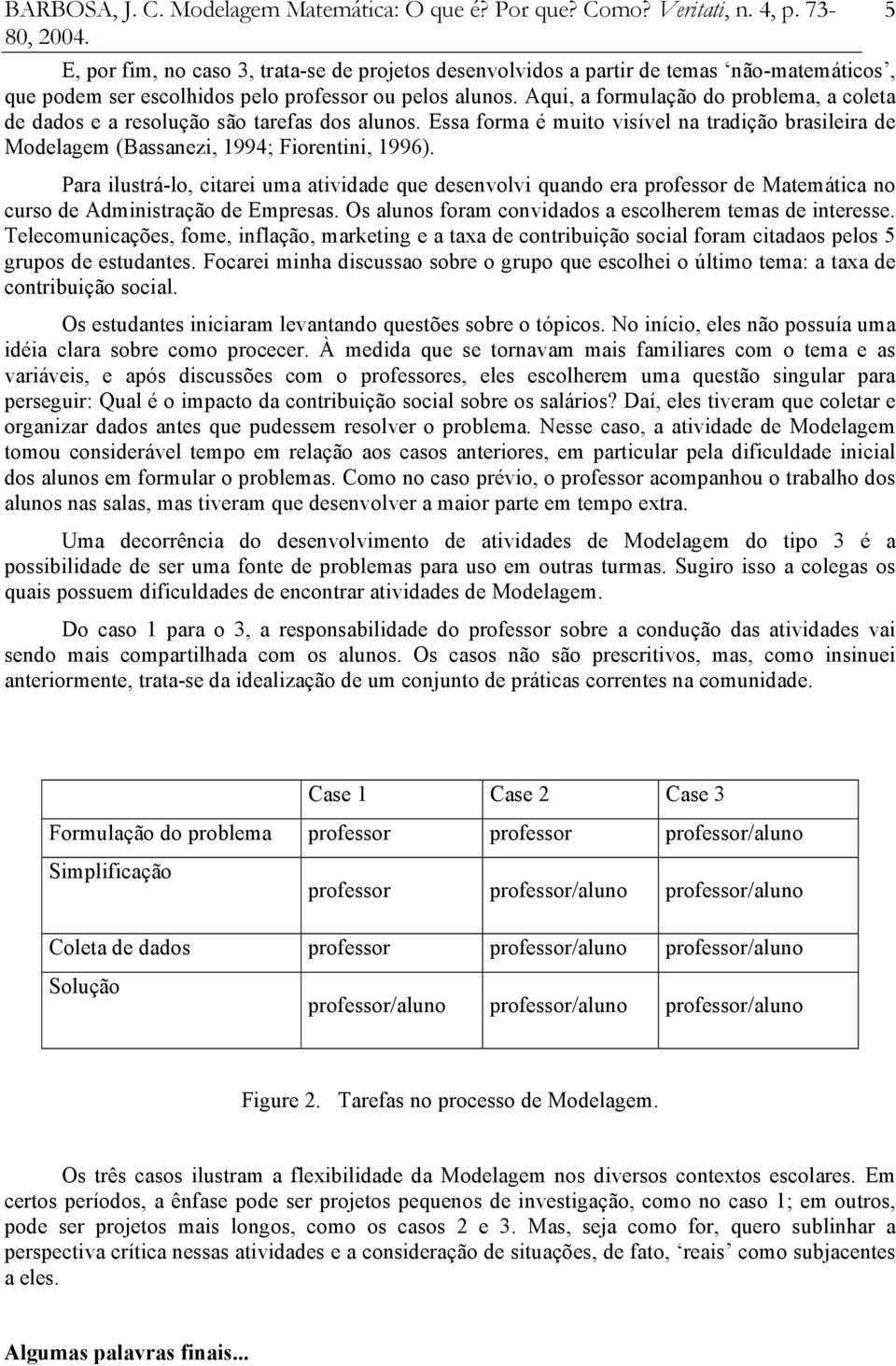 Aqui, a formulação do problema, a coleta de dados e a resolução são tarefas dos alunos. Essa forma é muito visível na tradição brasileira de Modelagem (Bassanezi, 1994; Fiorentini, 1996).