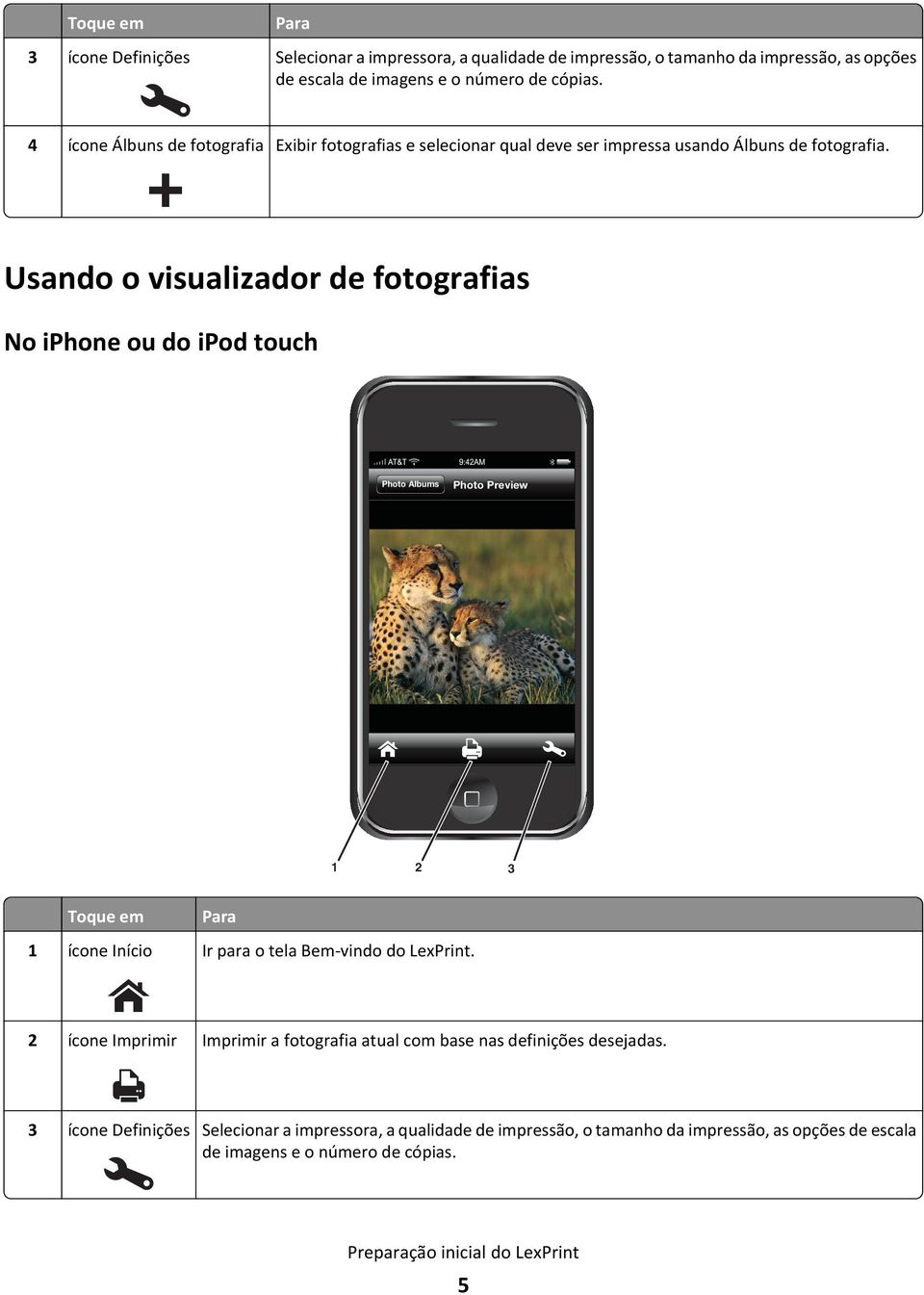 Usando o visualizador de fotografias No iphone ou do ipod touch Photo Albums Photo Preview 1 2 3 Toque em Para 1 ícone Início Ir para o tela Bem-vindo do LexPrint.