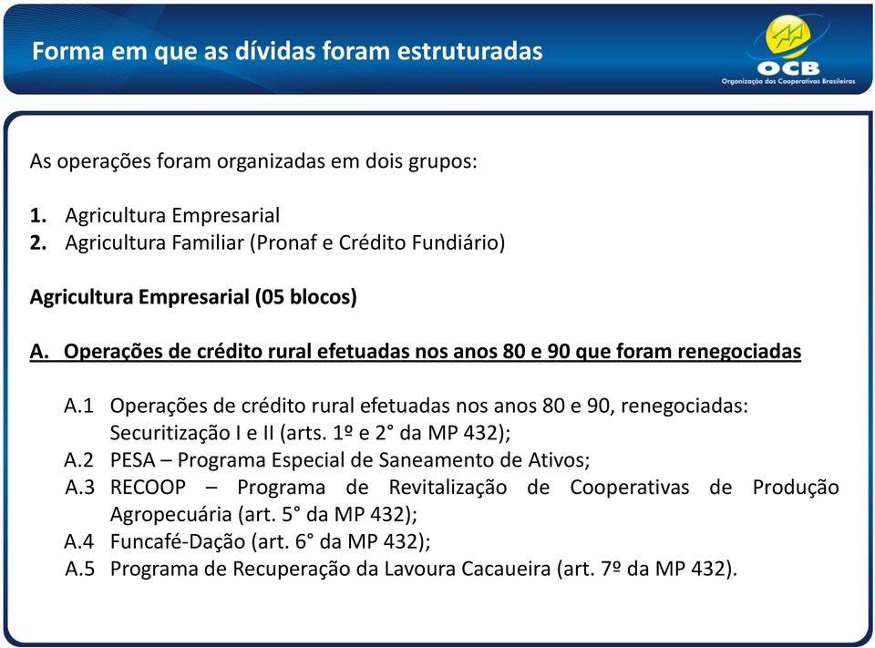 Operações de crédito rural efetuadas nos anos 80 e 90 que foram renegociadas A.