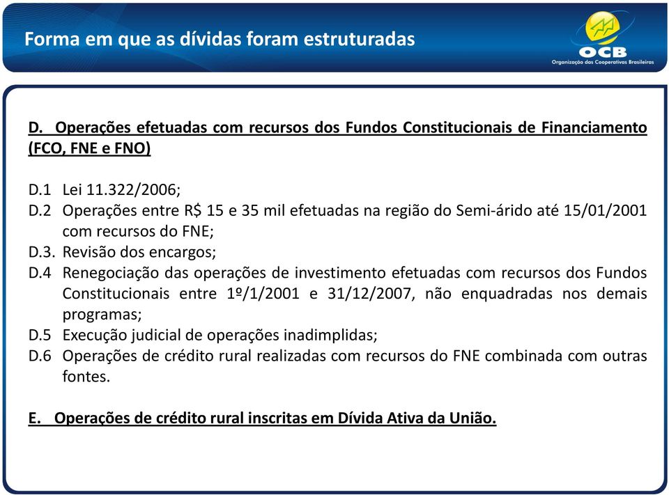 4 Renegociação das operações de investimento efetuadas com recursos dos Fundos Constitucionais entre 1º/1/2001 e 31/12/2007, não enquadradas nos demais programas; D.