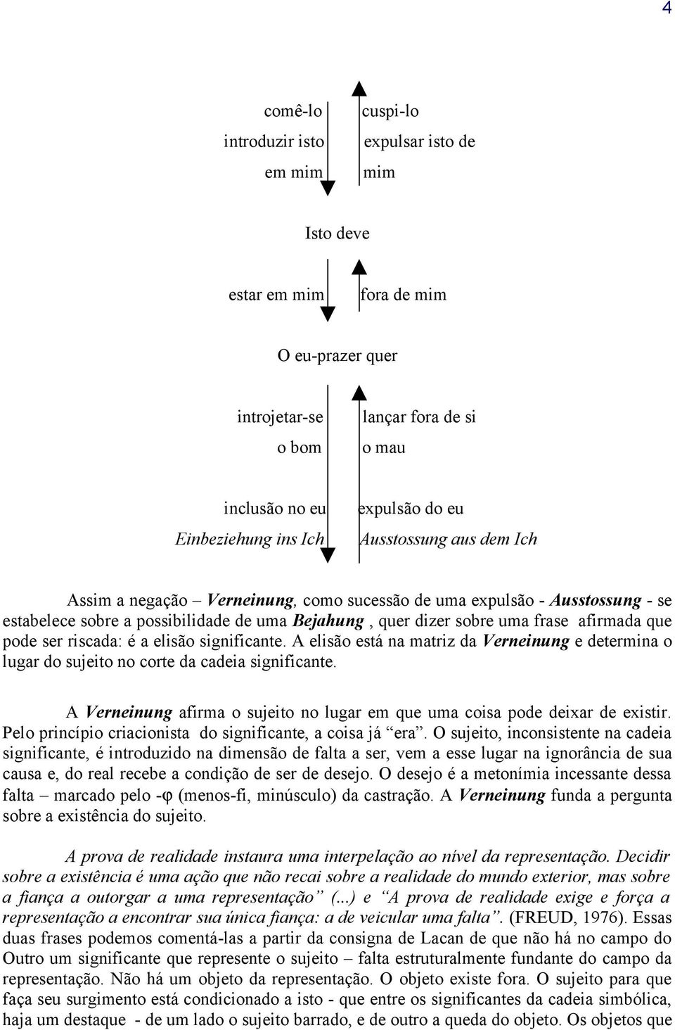 afirmada que pode ser riscada: é a elisão significante. A elisão está na matriz da Verneinung e determina o lugar do sujeito no corte da cadeia significante.