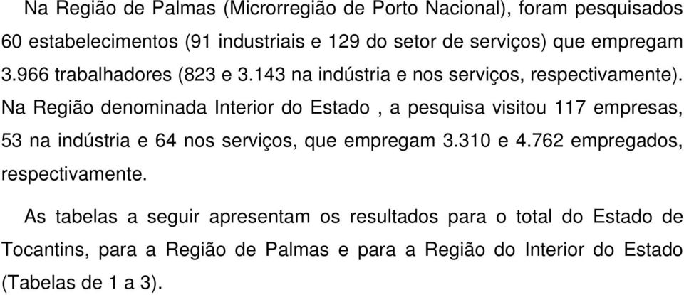 Na Região denominada Interior do Estado, a pesquisa visitou 117 empresas, 53 na indústria e 64 nos serviços, que empregam 3.310 e 4.