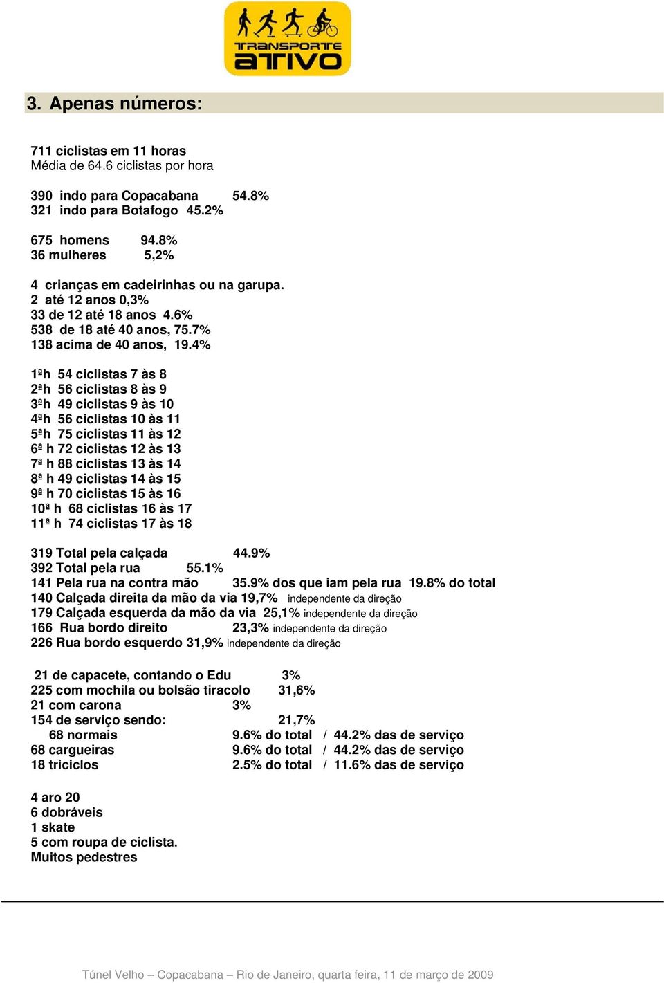 4% 1ªh 54 ciclistas 7 às 8 2ªh 56 ciclistas 8 às 9 3ªh 49 ciclistas 9 às 10 4ªh 56 ciclistas 10 às 11 5ªh 75 ciclistas 11 às 12 6ª h 72 ciclistas 12 às 13 7ª h 88 ciclistas 13 às 14 8ª h 49 ciclistas