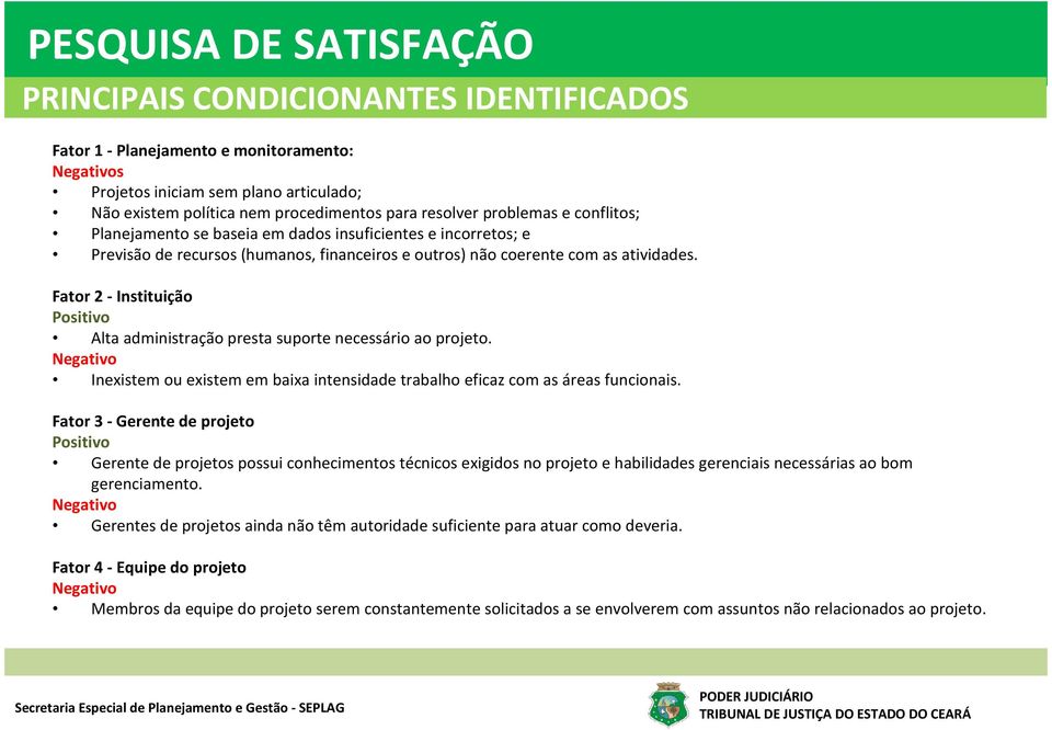 Fator 2 - Instituição Positivo Alta administração presta suporte necessário ao projeto. Negativo Inexistem ou existem em baixa intensidade trabalho eficaz com as áreas funcionais.