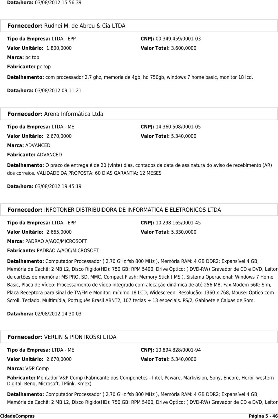 Data/hora: 03/08/2012 09:11:21 Fornecedor: Arena Informática Ltda Tipo da Empresa: LTDA - ME CNPJ: 14.360.508/0001-05 Valor Unitário: 2.670,0000 Valor Total: 5.