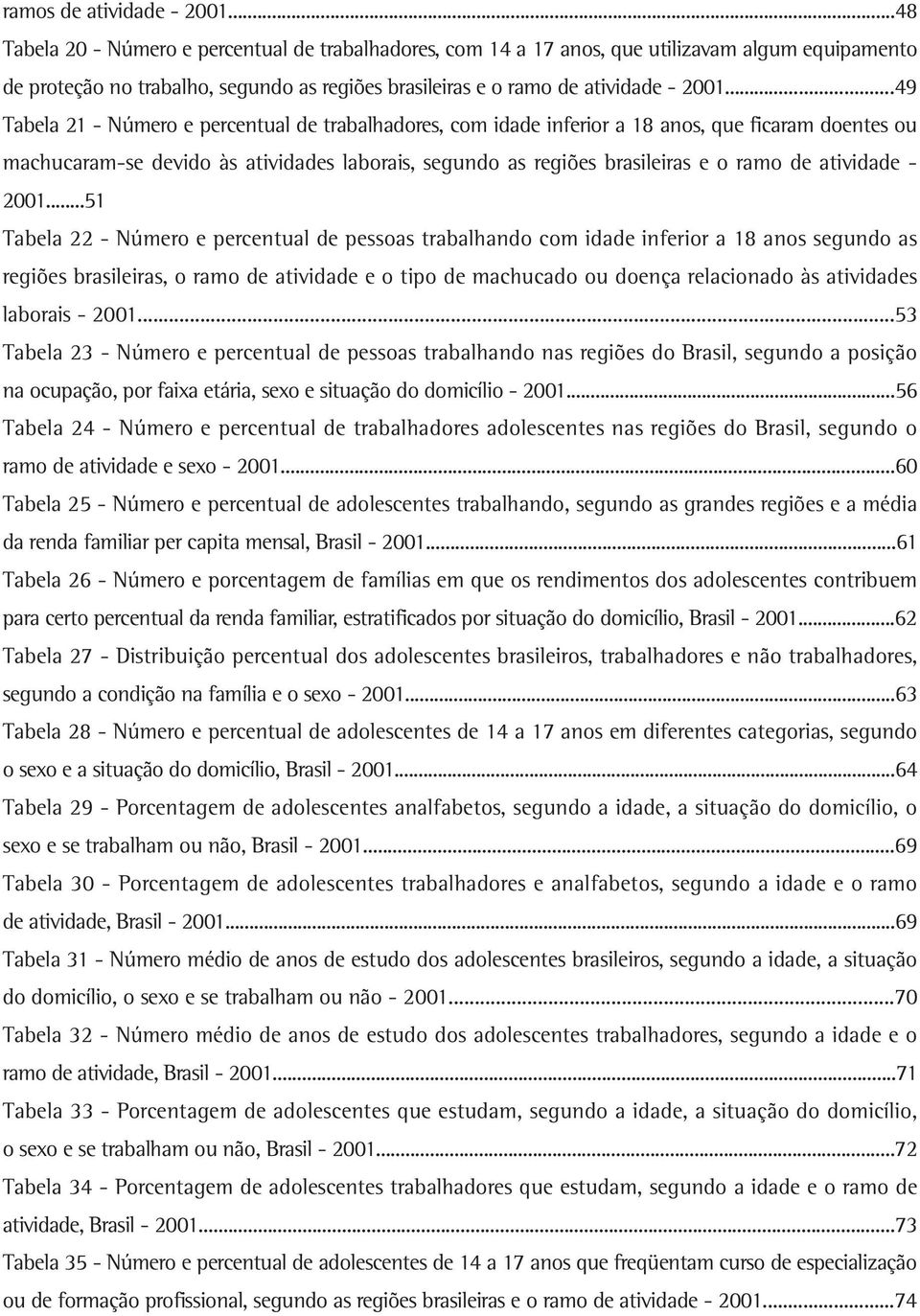 ..49 Tabela 21 - Número e percentual de trabalhadores, com idade inferior a 18 anos, que ficaram doentes ou machucaram-se devido às atividades laborais, segundo as regiões brasileiras e o ramo de