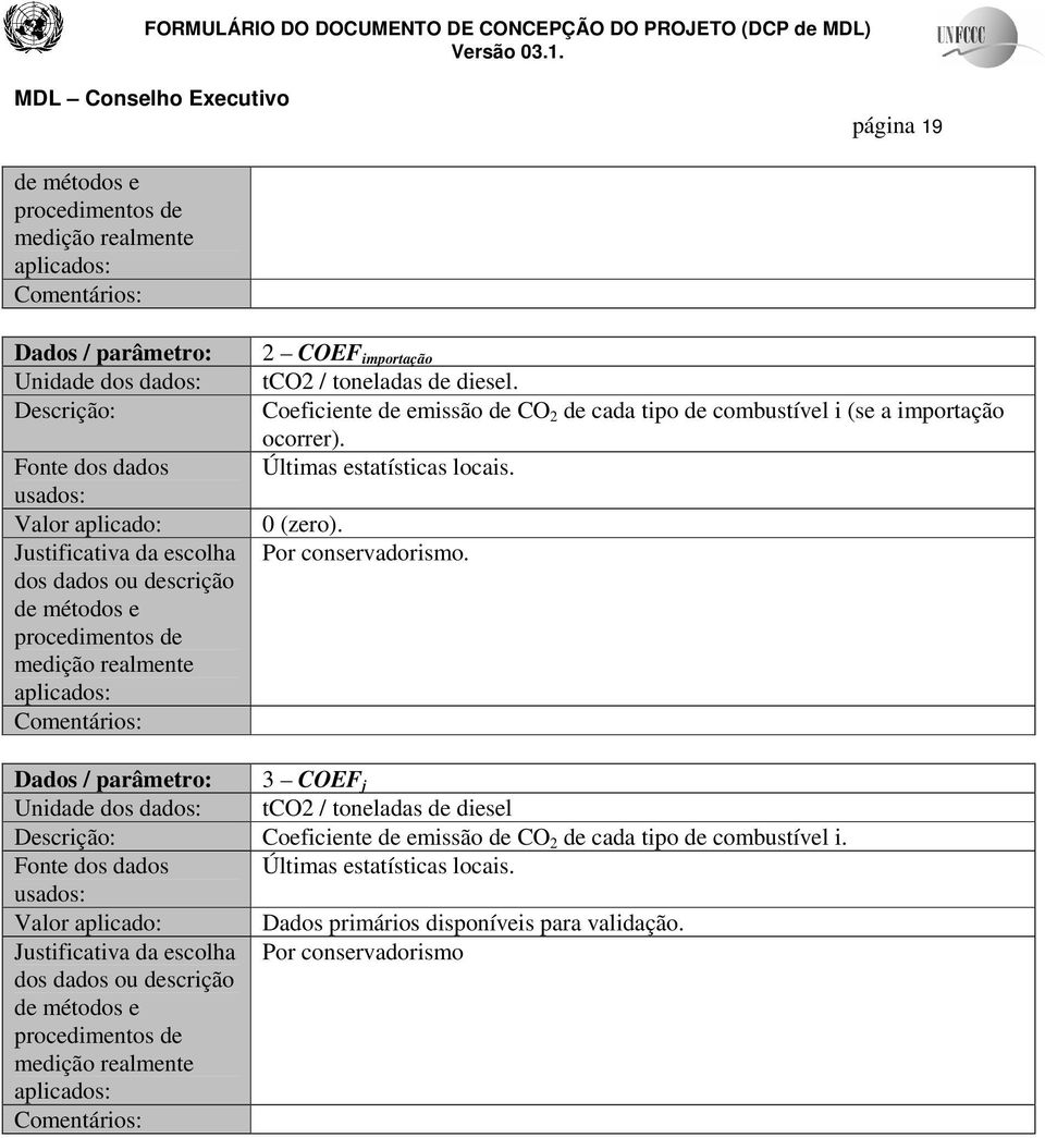 Coeficiente de emissão de CO 2 de cada tipo de combustível i (se a importação ocorrer). Últimas estatísticas locais. 0 (zero). Por conservadorismo.