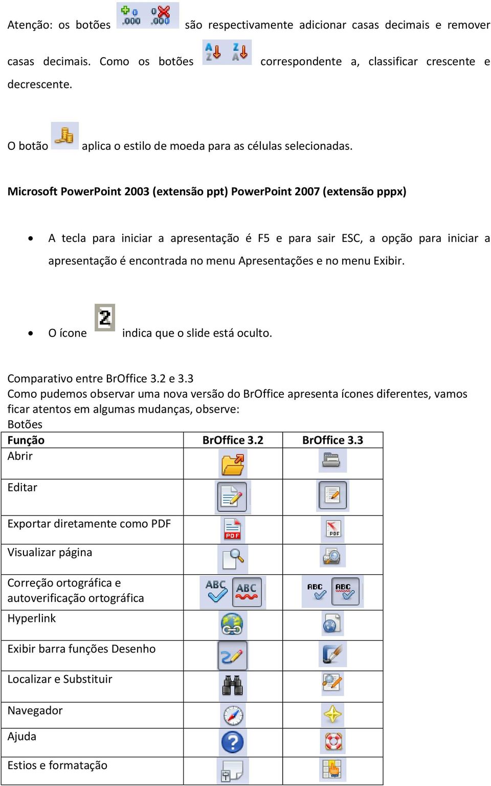 Microsoft PowerPoint 2003 (extensão ppt) PowerPoint 2007 (extensão pppx) A tecla para iniciar a apresentação é F5 e para sair ESC, a opção para iniciar a apresentação é encontrada no menu