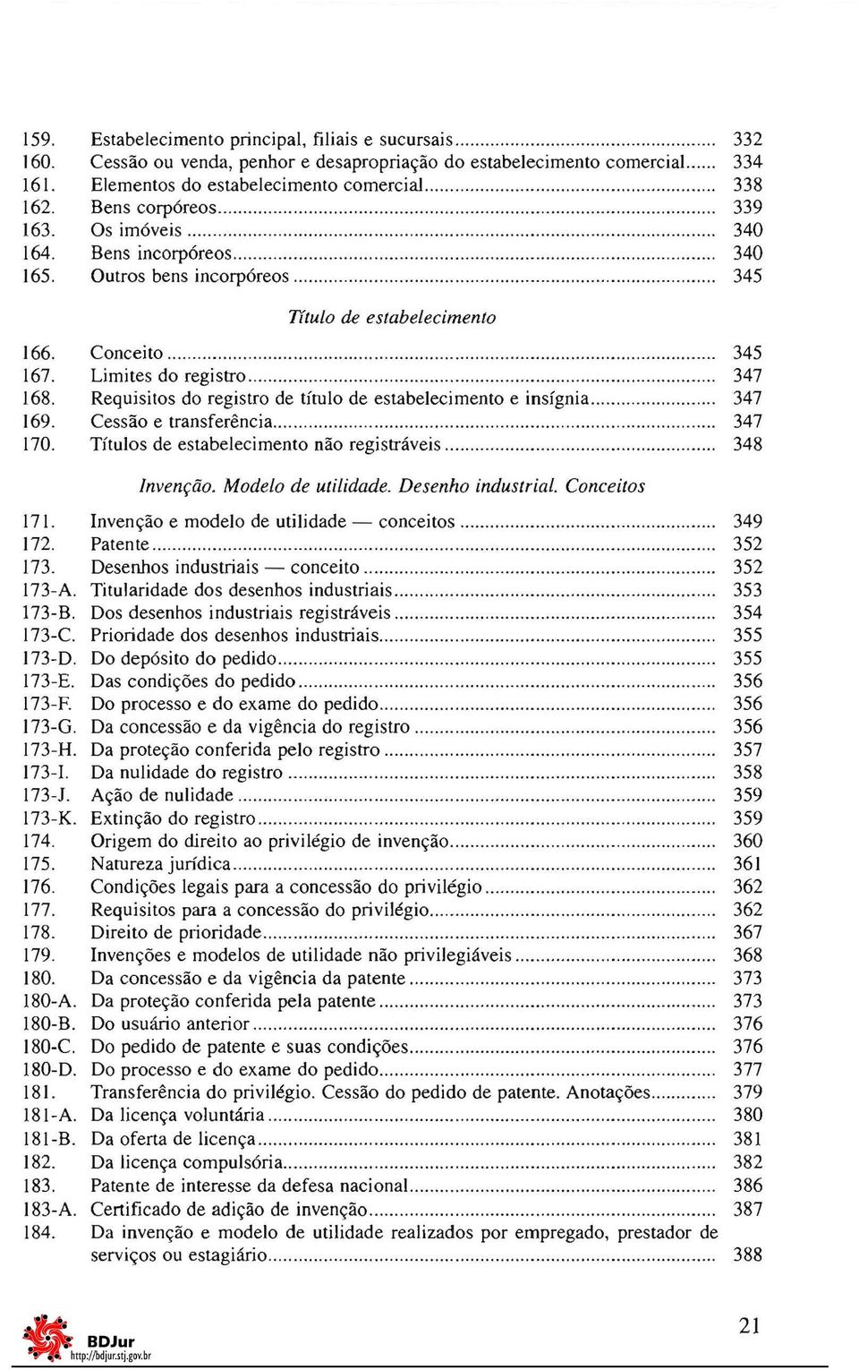 Conceito............... 345 167. Limites do registro.......................... 347 168. Requisitos do registro de tírulo de estabelecimento e insígnia...... 347 169. Cessão e transferência........ 347 170.