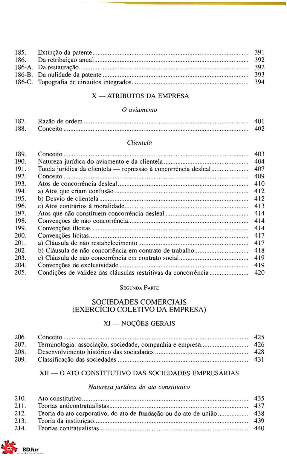 Natureza jurídica do aviamento e da clientela... 404 191. Tutela jurídica da clientela repressão à concorrência desleal... 407 192. Conceito... 409 193. Atos de concorrência desleal........ 410 194.