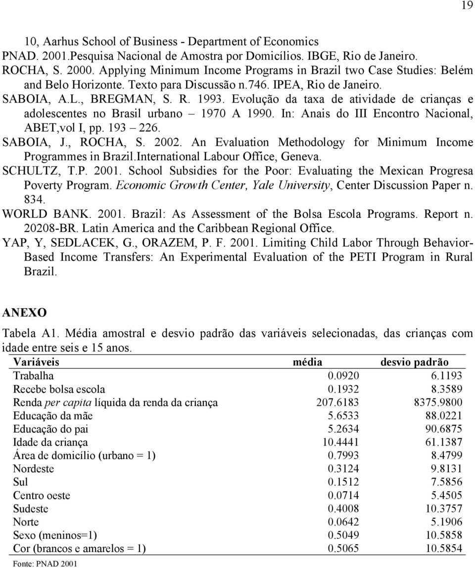 Evolução da taxa de atividade de crianças e adolescentes no Brasil urbano 1970 A 1990. In: Anais do III Encontro Nacional, ABET,vol I, pp. 193 226. SABOIA, J., ROCHA, S. 2002.