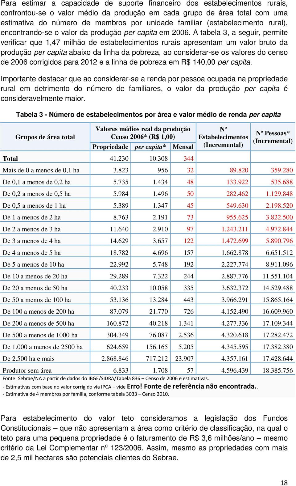 A tabela 3, a seguir, permite verificar que 1,47 milhão de estabelecimentos rurais apresentam um valor bruto da produção per capita abaixo da linha da pobreza, ao considerar-se os valores do censo de