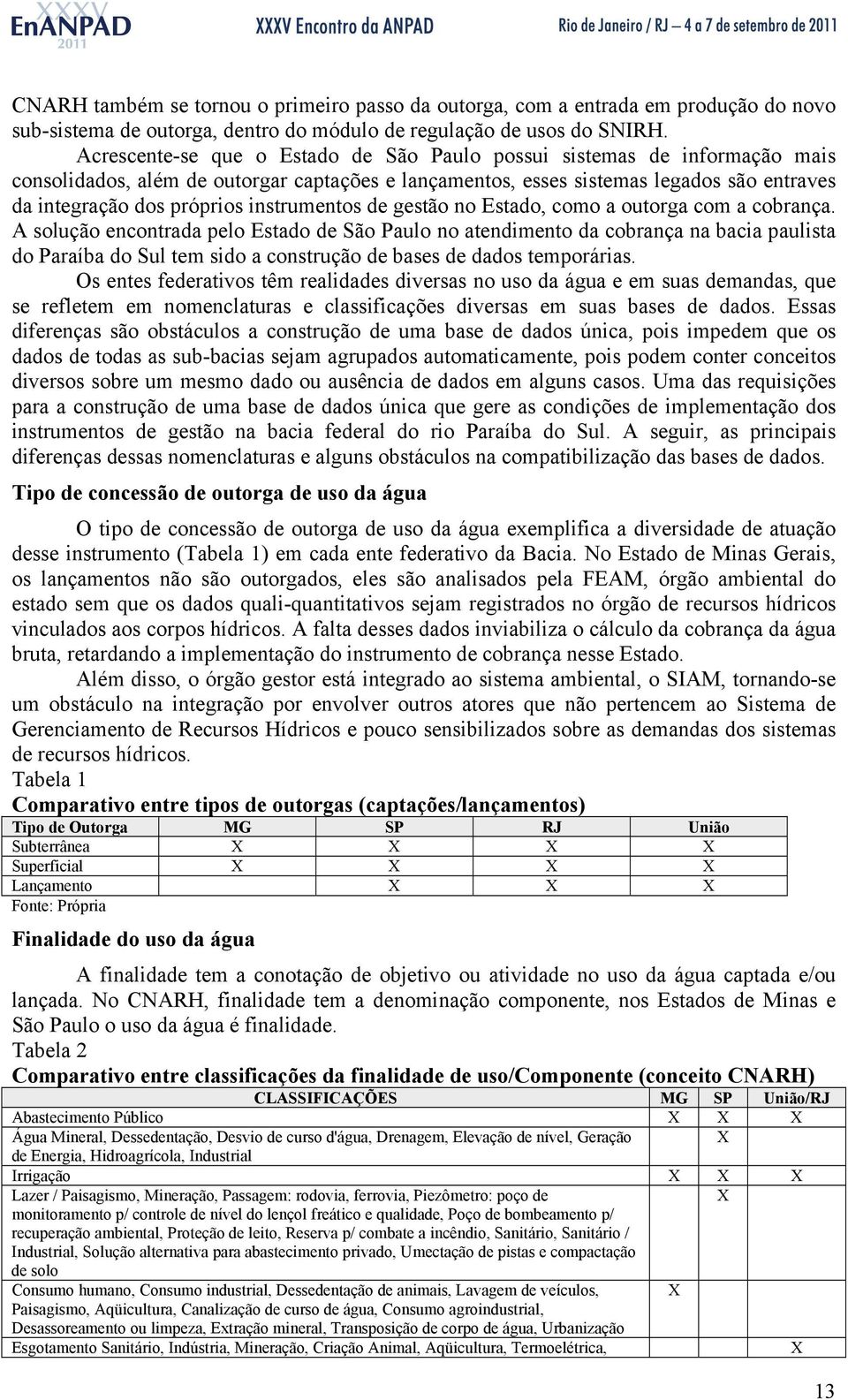 instrumentos de gestão no Estado, como a outorga com a cobrança.