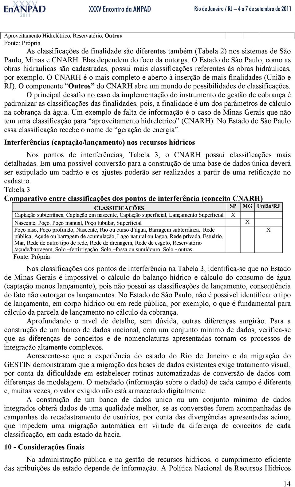 O CNARH é o mais completo e aberto à inserção de mais finalidades (União e RJ). O componente Outros do CNARH abre um mundo de possibilidades de classificações.