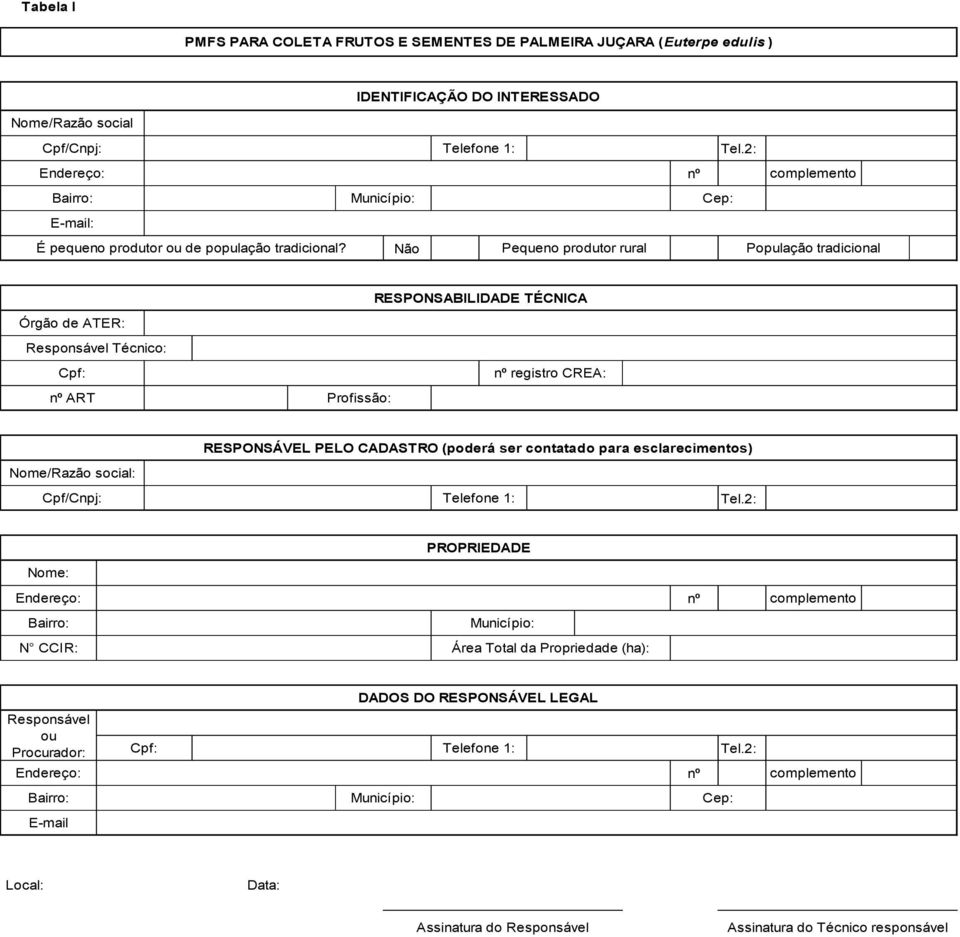 Não Pequeno produtor rural População tradicional Órgão de ATER: Responsável Técnico: RESPONSABILIDADE TÉCNICA Cpf: nº ART Profissão: nº registro CREA: RESPONSÁVEL PELO CADASTRO (poderá ser contatado