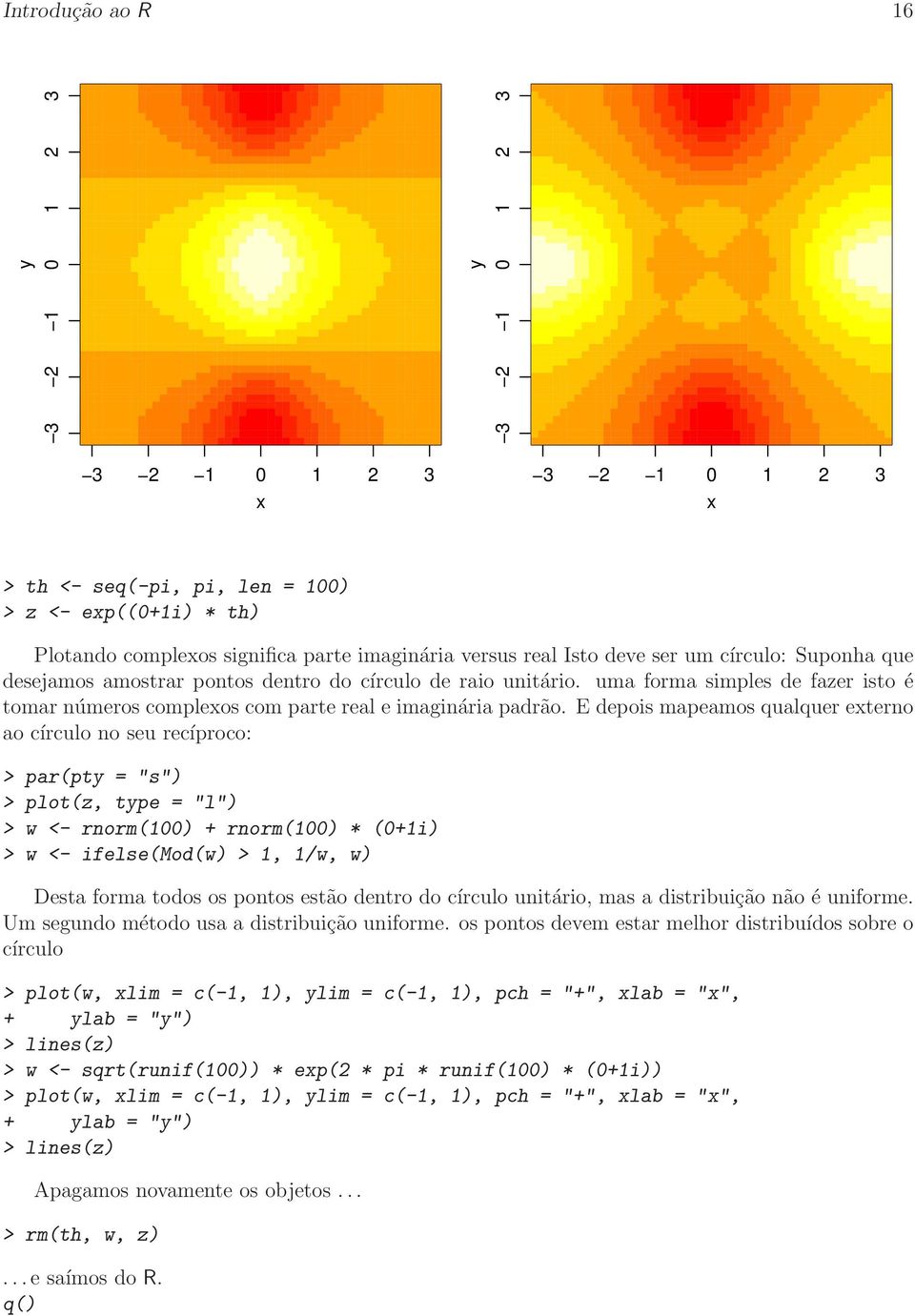 E depois mapeamos qualquer externo ao círculo no seu recíproco: > par(pty = "s") > plot(z, type = "l") > w <- rnorm(100) rnorm(100) * (01i) > w <- ifelse(mod(w) > 1, 1/w, w) Desta forma todos os