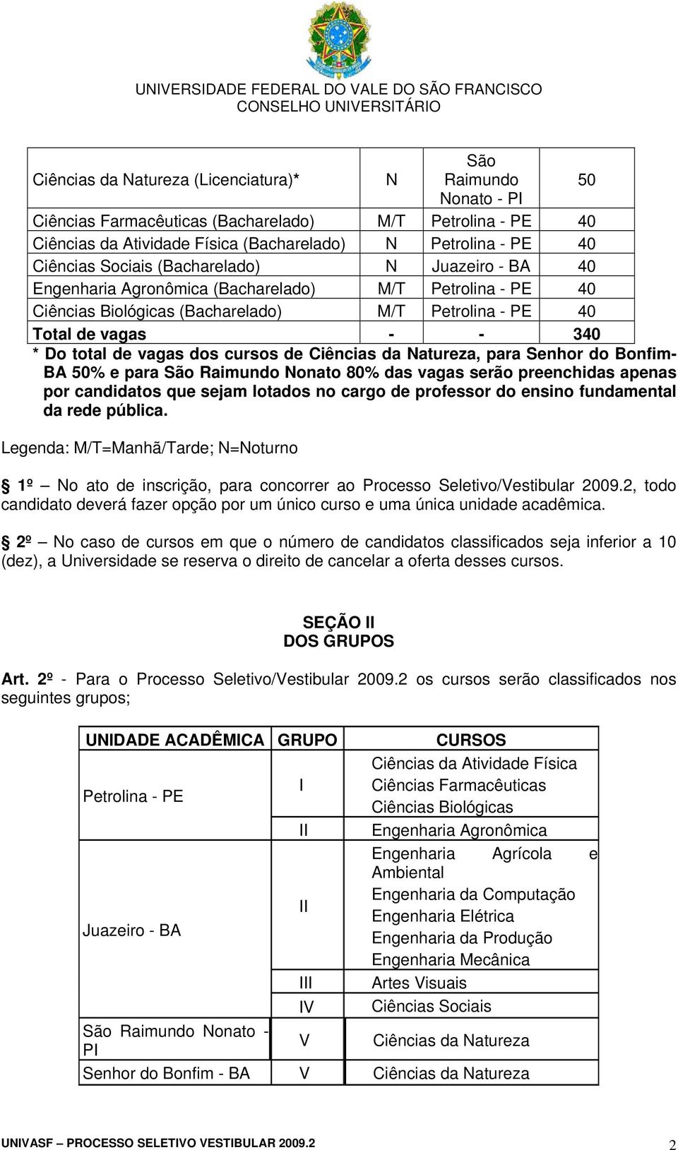 dos cursos de Ciências da Natureza, para Senhor do Bonfim- BA 50% e para São Raimundo Nonato 80% das vagas serão preenchidas apenas por candidatos que sejam lotados no cargo de professor do ensino