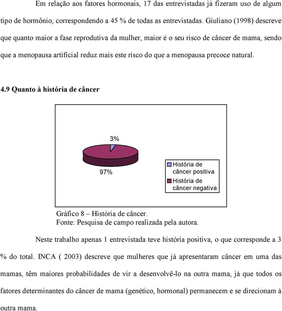 natural. 4.9 Quanto à história de câncer 3% 97% História de câncer positiva História de câncer negativa Gráfico 8 História de câncer.