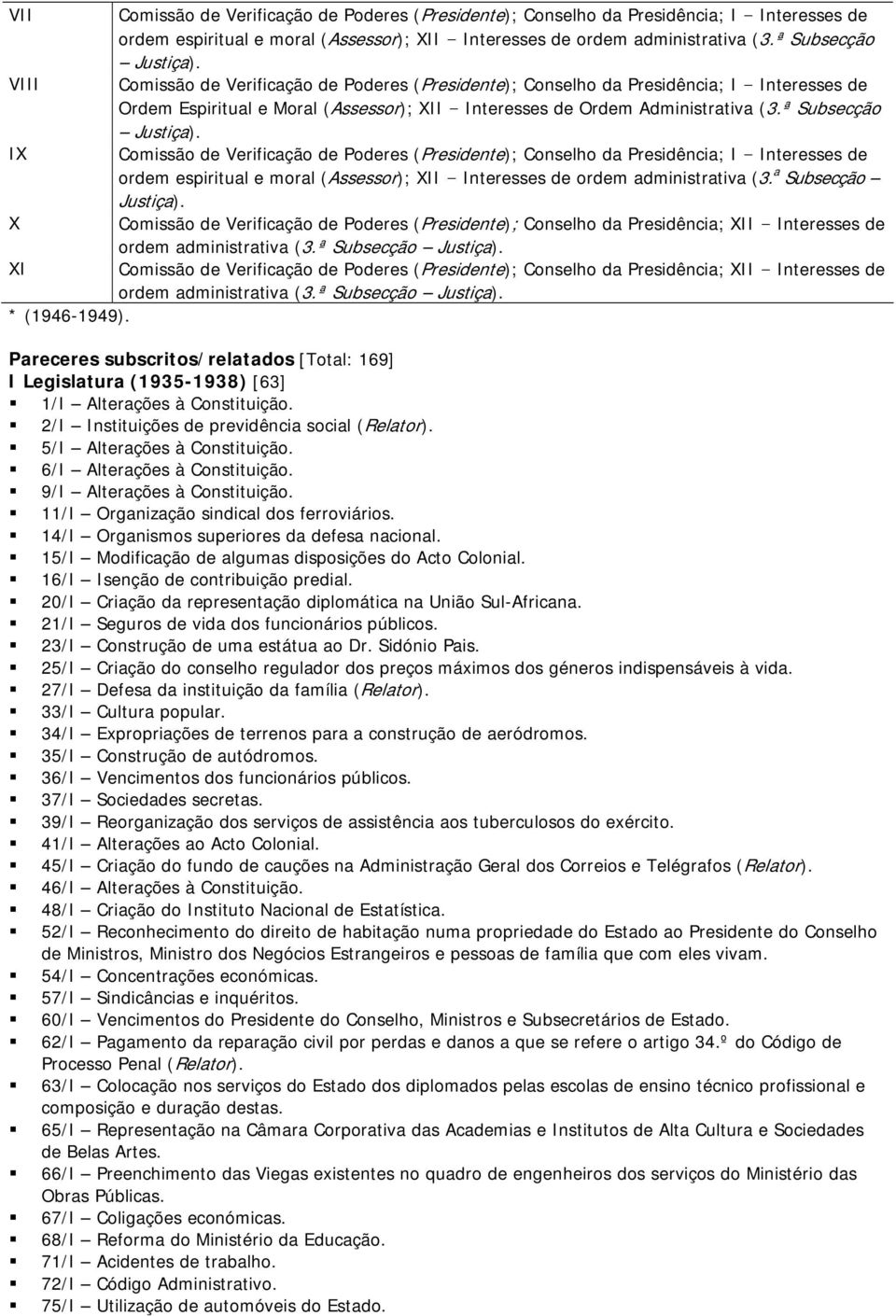 IX Comissão de Verificação de Poderes (Presidente); Conselho da Presidência; I Interesses de ordem espiritual e moral (Assessor); XII Interesses de ordem administrativa (3. a Subsecção Justiça).