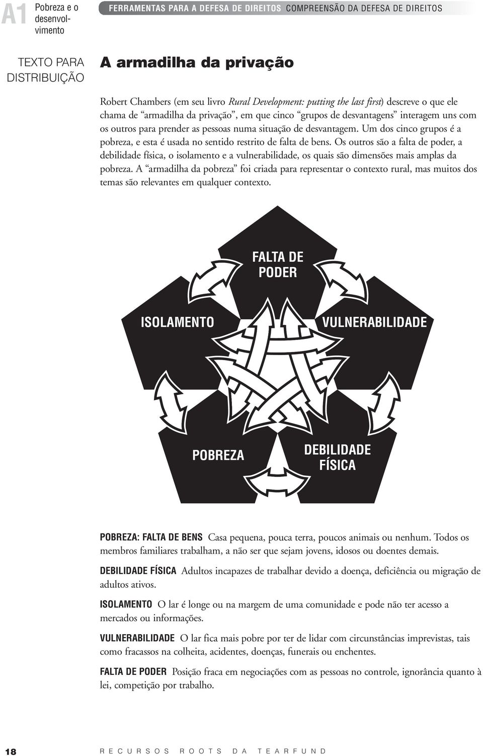 Os outros são a falta de poder, a debilidade física, o isolamento e a vulnerabilidade, os quais são dimensões mais amplas da pobreza.