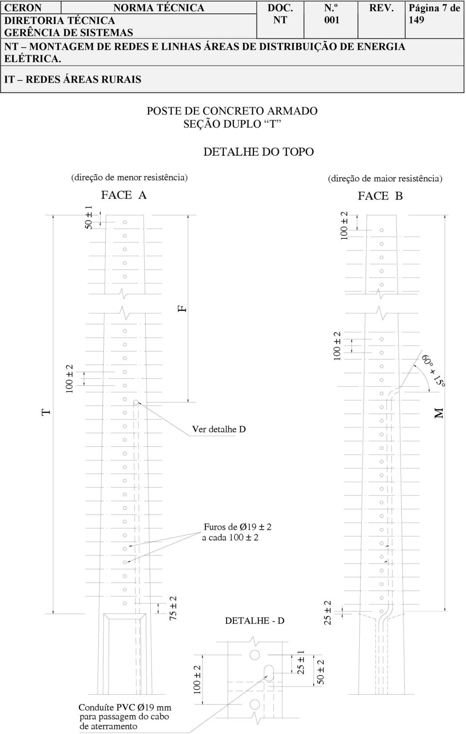 100 ± 2 60 + 15 100 ± 2 T Ver detalhe D M Furos de Ø19 ± 2 a cada 100 ± 2 75 ± 2