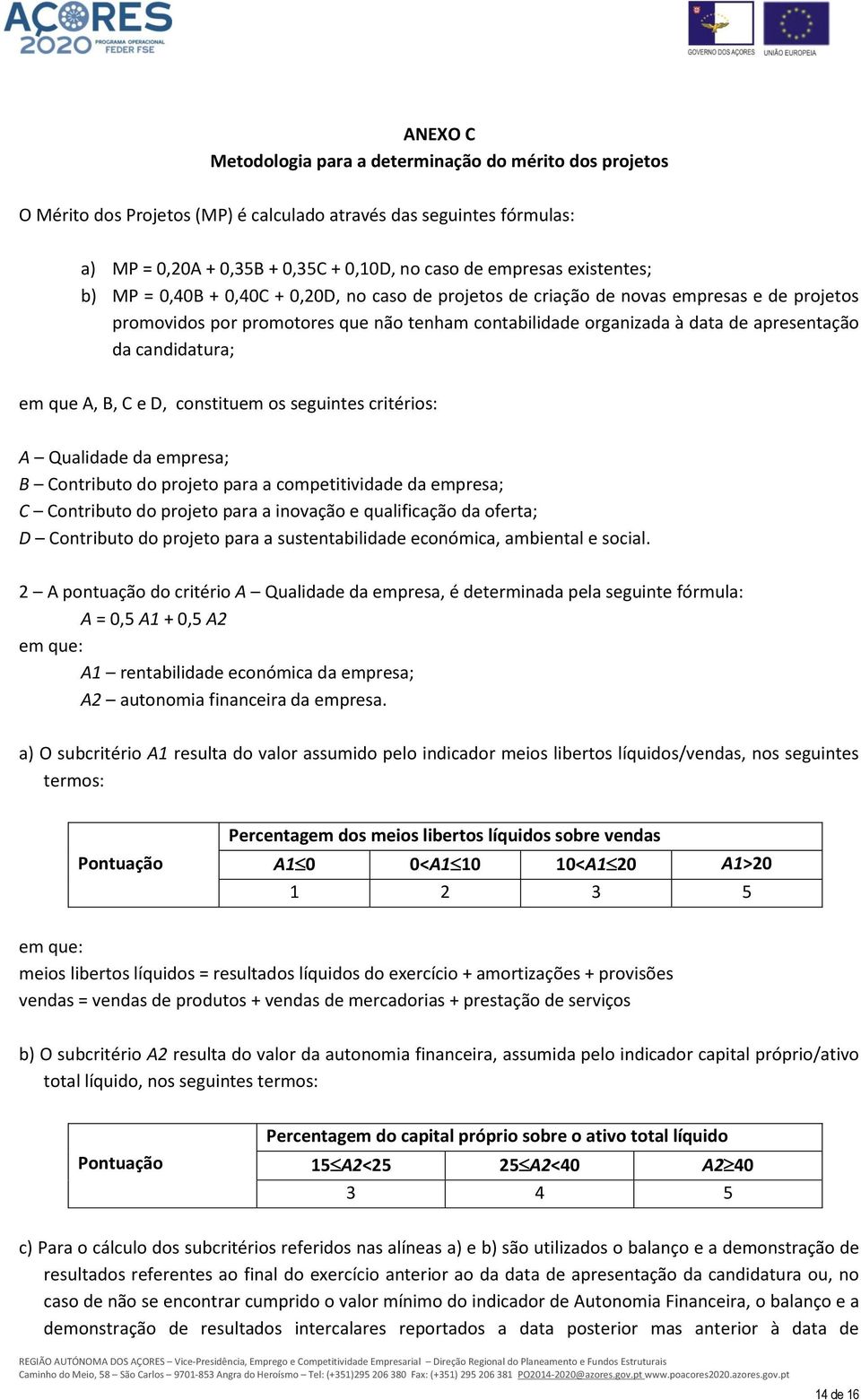 candidatura; em que A, B, C e D, constituem os seguintes critérios: A Qualidade da empresa; B Contributo do projeto para a competitividade da empresa; C Contributo do projeto para a inovação e