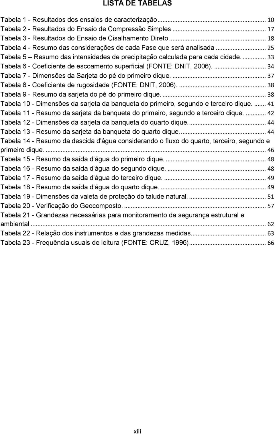 ... 33 Tabela 6 - Coeficiente de escoamento superficial (FONTE: DNIT, 2006).... 34 Tabela 7 - Dimensões da Sarjeta do pé do primeiro dique.... 37 Tabela 8 - Coeficiente de rugosidade (FONTE: DNIT, 2006).