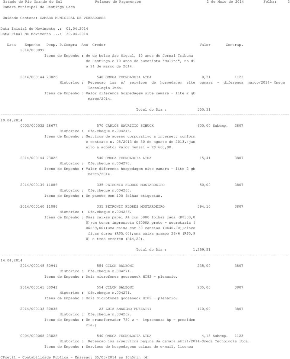 2014/000144 23026 540 OMEGA TECNOLOGIA LTDA 0,31 1123 Historico : Retencao iss s/ servicos de hospedagem site camara - diferenca marco/2014- Omega Tecnologia ltda.