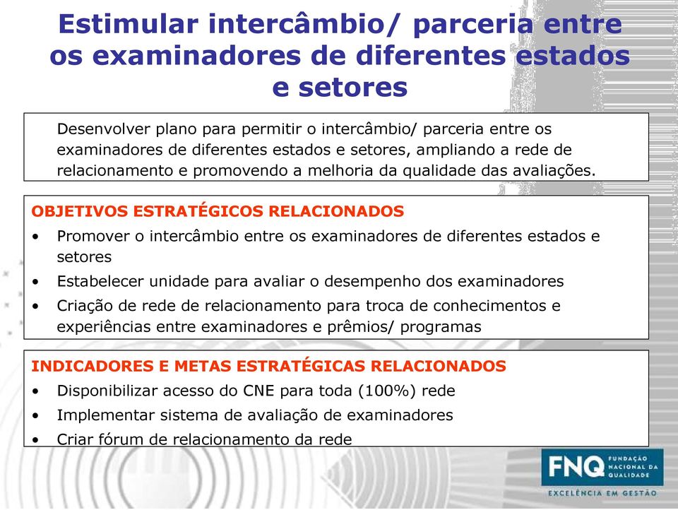 OBJETIVOS ESTRATÉGICOS RELACIONADOS Promover o intercâmbio entre os examinadores de diferentes estados e setores Estabelecer unidade para avaliar o desempenho dos examinadores Criação de