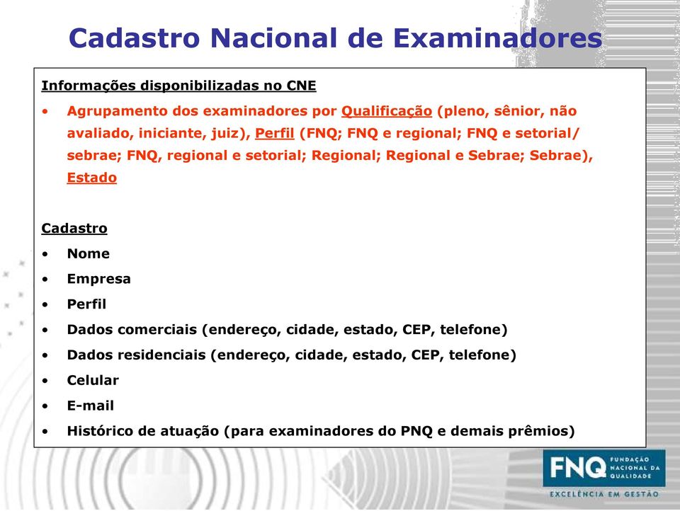 Regional e Sebrae; Sebrae), Estado Cadastro Nome Empresa Perfil Dados comerciais (endereço, cidade, estado, CEP, telefone) Dados