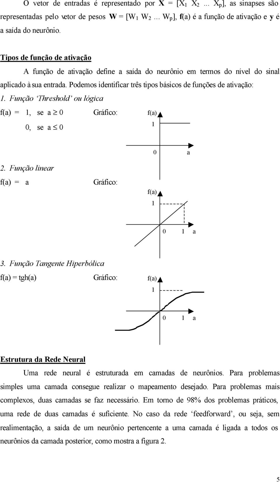 Função Threshold ou lógica f(a) = 1, se a Gráfico:, se a f(a) 1 a 2. Função linear f(a) = a Gráfico: f(a) 1 1 a 3.