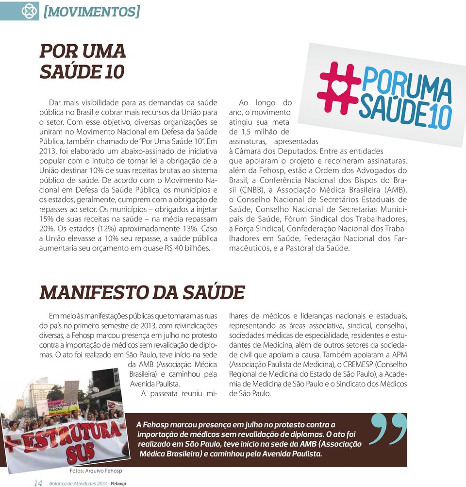 Em 2013, foi elaborado um abaixo-assinado de iniciativa popular com o intuito de tornar lei a obrigação de a União destinar 10% de suas receitas brutas ao sistema público de saúde.