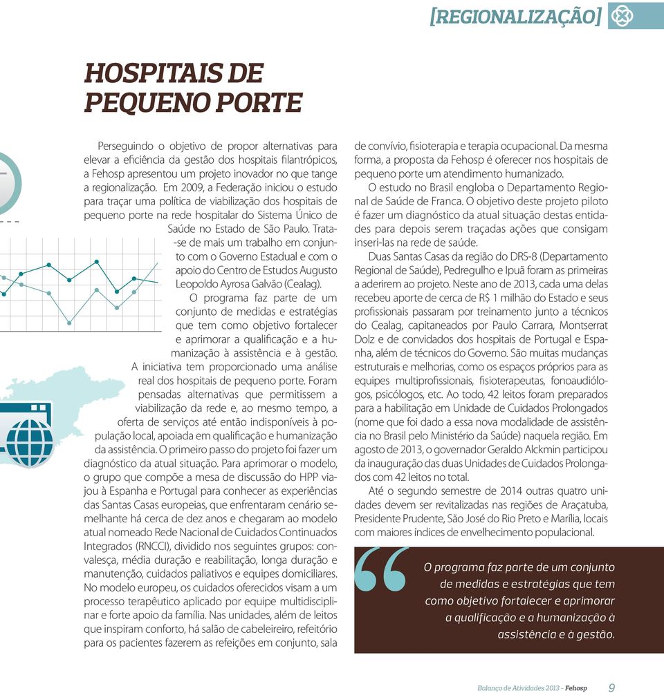 Em 2009, a Federação iniciou o estudo para traçar uma política de viabilização dos hospitais de pequeno porte na rede hospitalar do Sistema Único de Saúde no Estado de São Paulo.