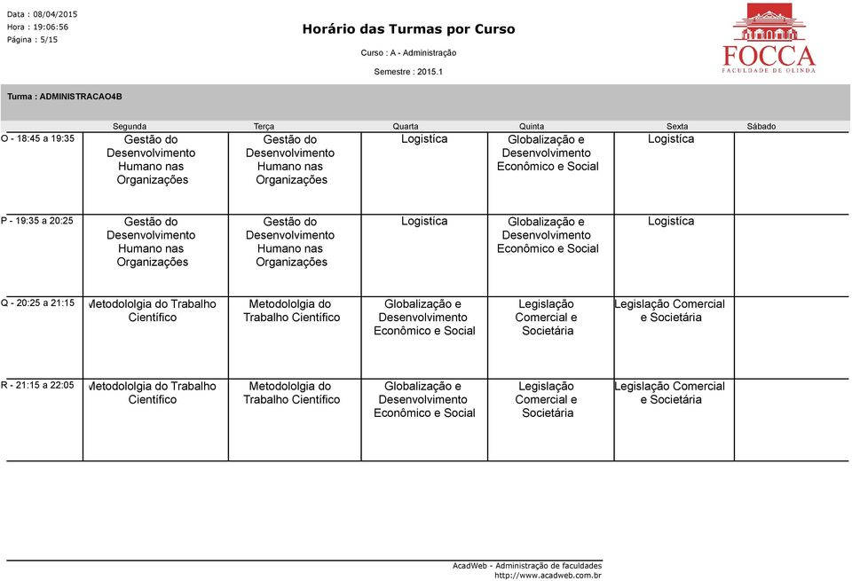 Científico Metodololgia do Trabalho Científico Globalização e Econômico e Social Legislação Comercial e Societária Legislação Comercial e Societária R - 21:15 a 22:05