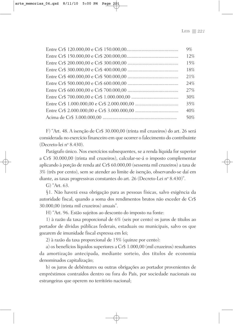 000.000,00 e Cr$ 2.000.000,00... 35% Entre Cr$ 2.000.000,00 e Cr$ 3.000.000,00... 40% Acima de Cr$ 3.000.000,00... 50% F) Art. 48. A isenção de Cr$ 30.000,00 (trinta mil cruzeiros) do art.