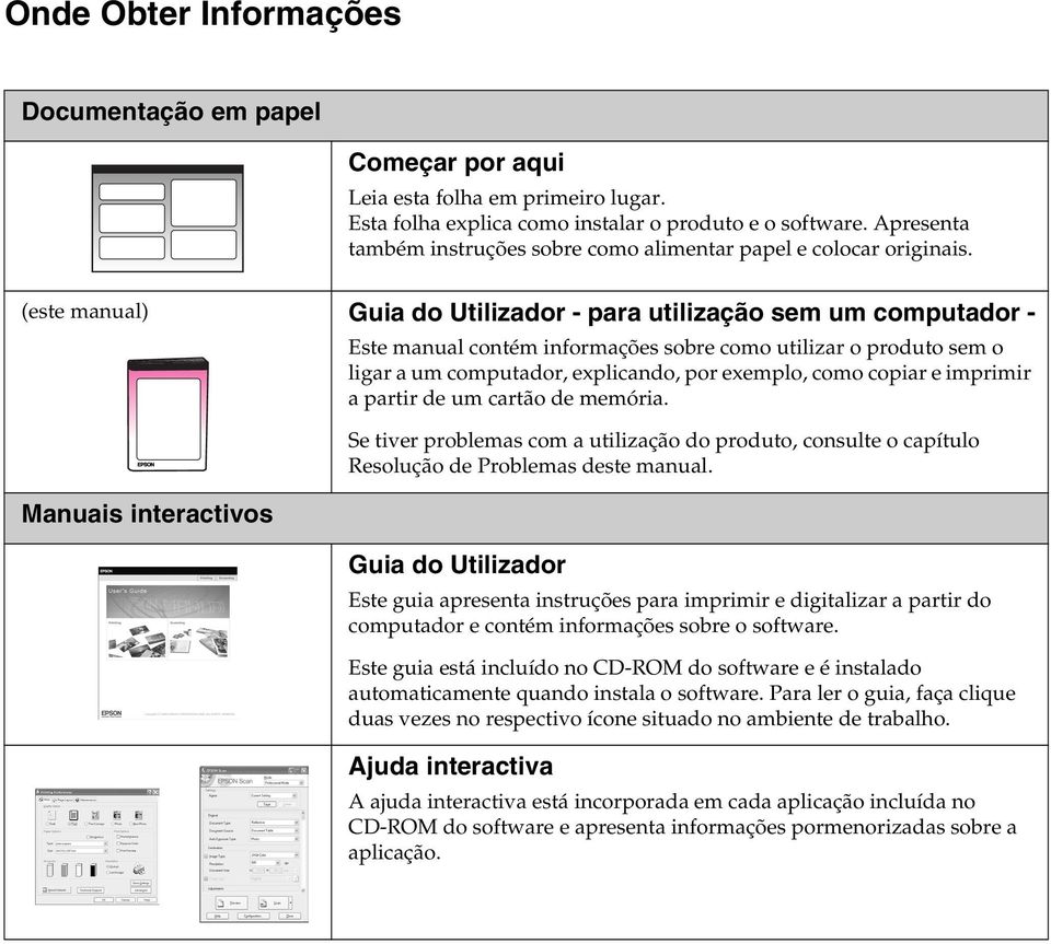 (este manual) Guia do Utilizador - para utilização sem um computador - Manuais interactivos Este manual contém informações sobre como utilizar o produto sem o ligar a um computador, explicando, por