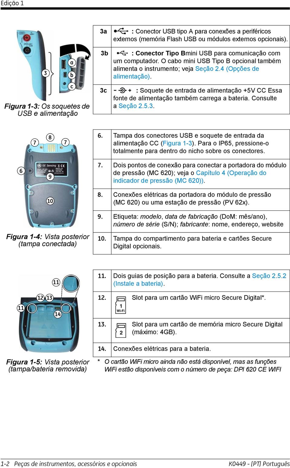 : Soquete de entrada de alimentação +5V CC Essa fonte de alimentação também carrega a bateria. Consulte a Seção.5.. 7 8 7 6. Tampa dos conectores USB e soquete de entrada da alimentação CC (Figura -).