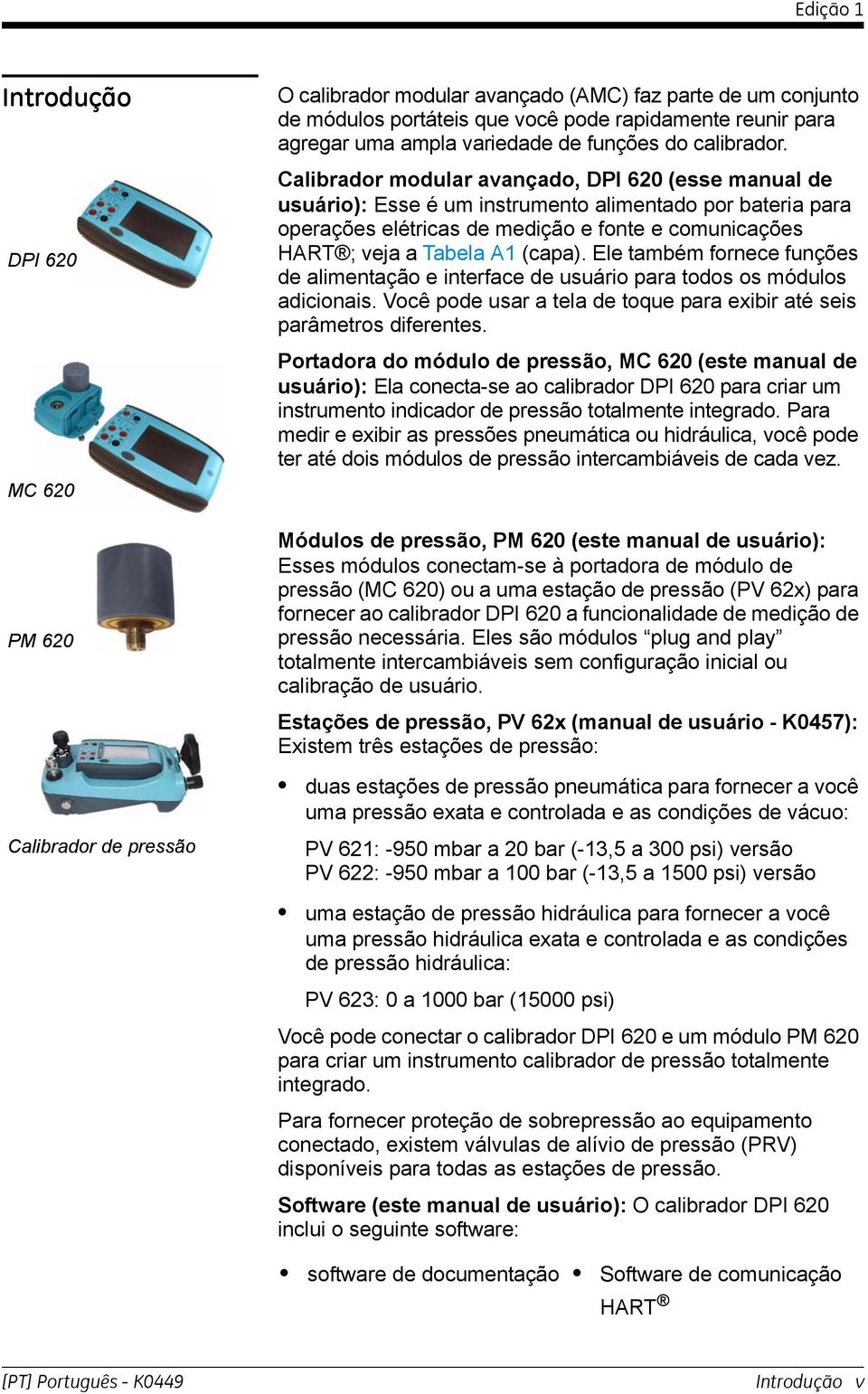 Calibrador modular avançado, DPI 60 (esse manual de usuário): Esse é um instrumento alimentado por bateria para operações elétricas de medição e fonte e comunicações HART ; veja a Tabela A (capa).