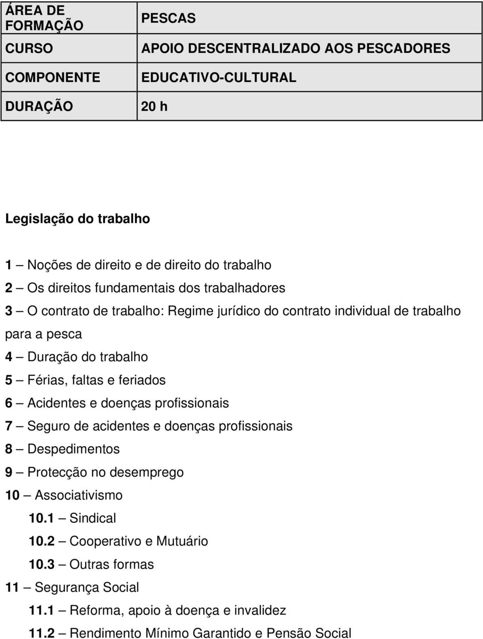 Férias, faltas e feriados 6 Acidentes e doenças profissionais 7 Seguro de acidentes e doenças profissionais 8 Despedimentos 9 Protecção no desemprego 10 Associativismo