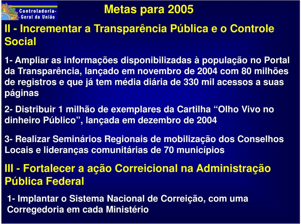 Cartilha Olho Vivo no dinheiro Público, lançada em dezembro de 2004 3- Realizar Seminários Regionais de mobilização dos Conselhos Locais e lideranças comunitárias