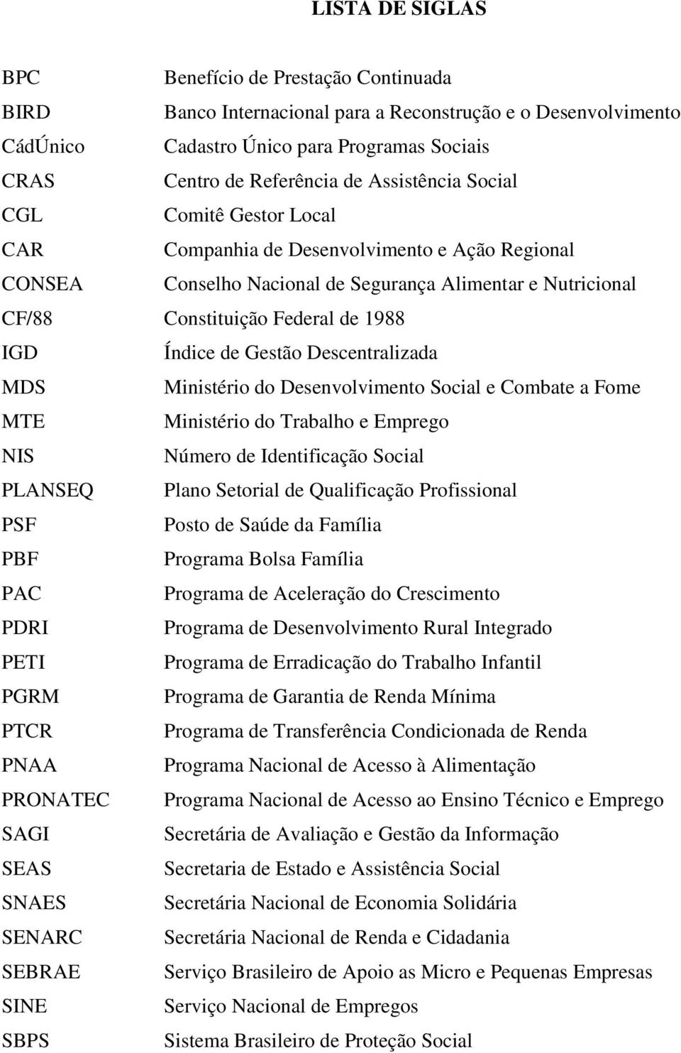 de Gestão Descentralizada MDS Ministério do Desenvolvimento Social e Combate a Fome MTE Ministério do Trabalho e Emprego NIS Número de Identificação Social PLANSEQ Plano Setorial de Qualificação