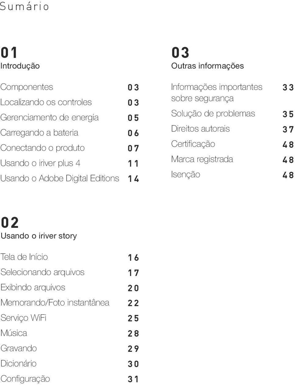 Solução de problemas Direitos autorais Certificação Marca registrada Isenção 33 35 37 48 48 48 02 Usando o iriver story Tela de Início