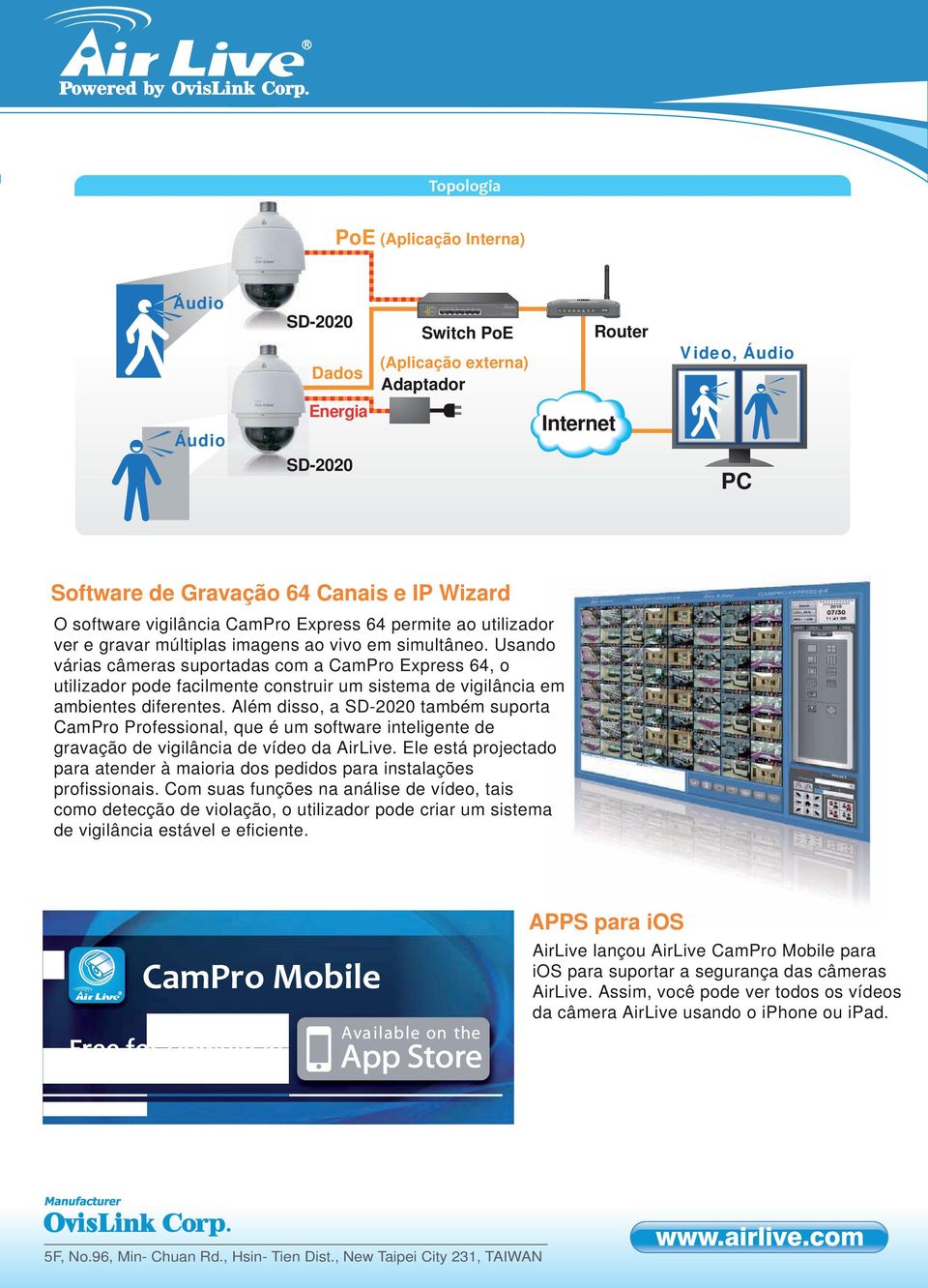 Canais e IP Wizard O software vigilância CamPro Express 64 permite ao utilizador ver e gravar múltiplas imagens ao vivo em simultâneo.