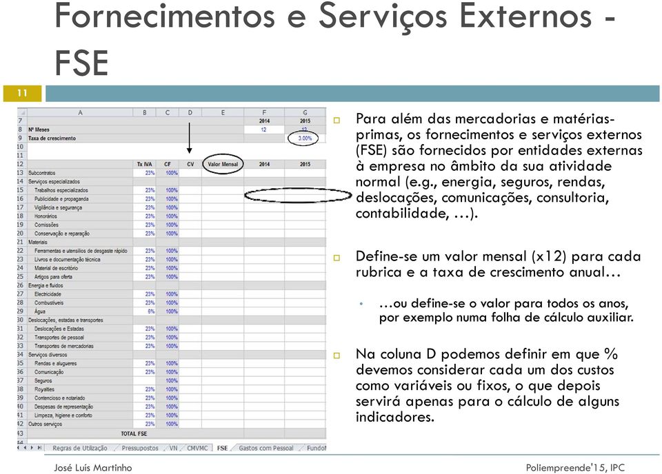 Define-se um valor mensal (x12) para cada rubrica e a taxa de crescimento anual ou define-se o valor para todos os anos, por exemplo numa folha de cálculo