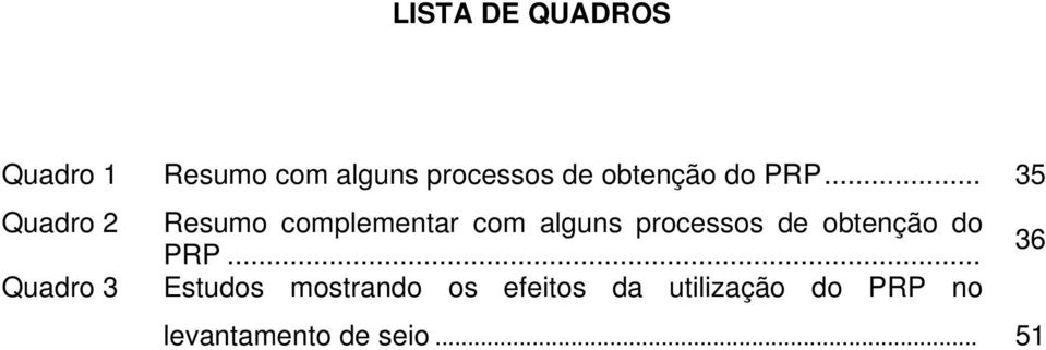 .. 35 Quadro 2 Resumo complementar com alguns processos de