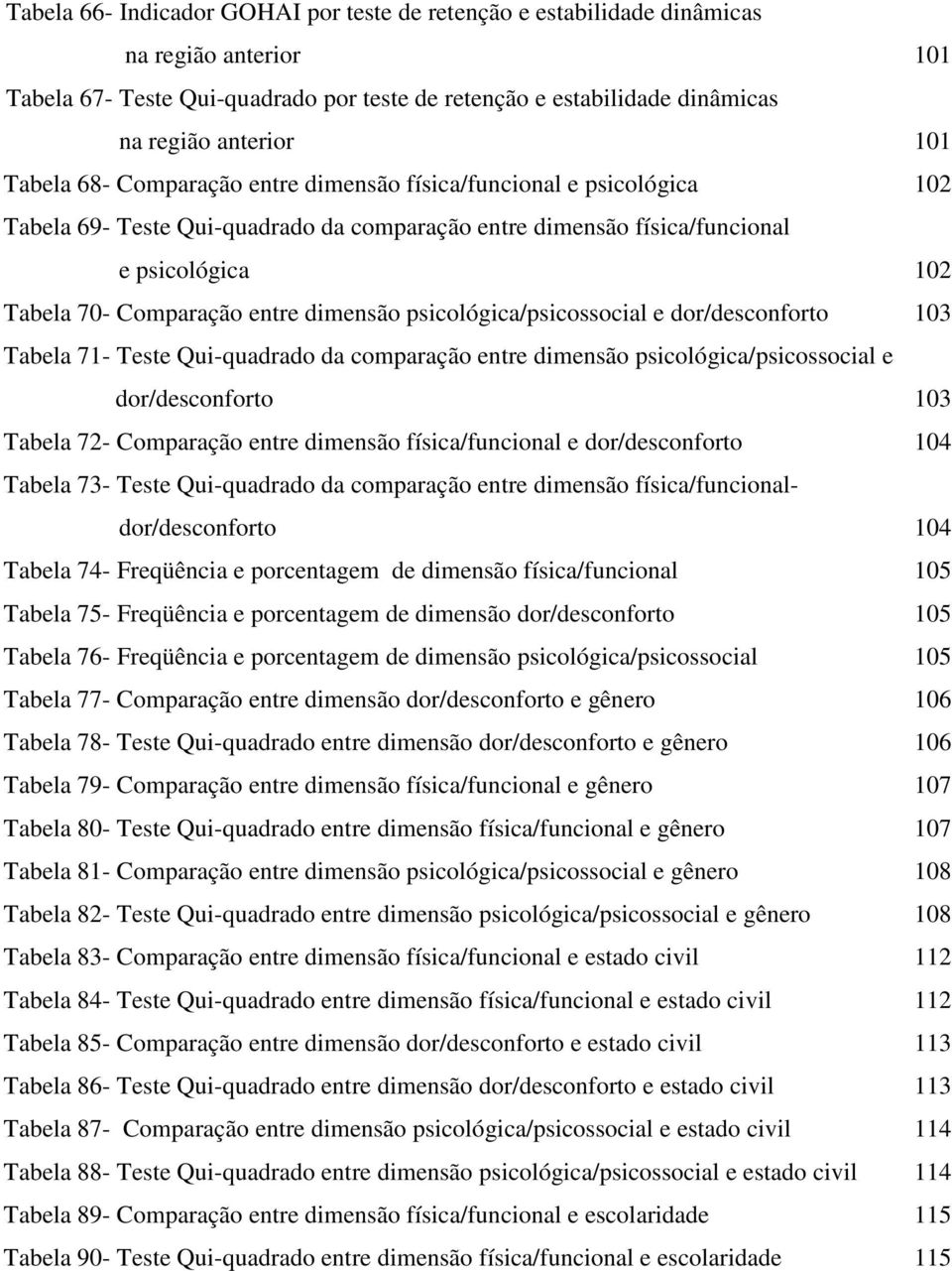 dimensão psicológica/psicossocial e dor/desconforto 103 Tabela 71- Teste Qui-quadrado da comparação entre dimensão psicológica/psicossocial e dor/desconforto 103 Tabela 72- Comparação entre dimensão