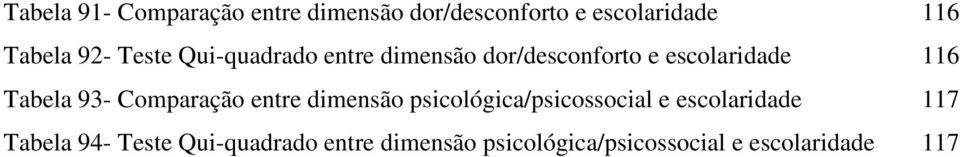 93- Comparação entre dimensão psicológica/psicossocial e escolaridade 117 Tabela