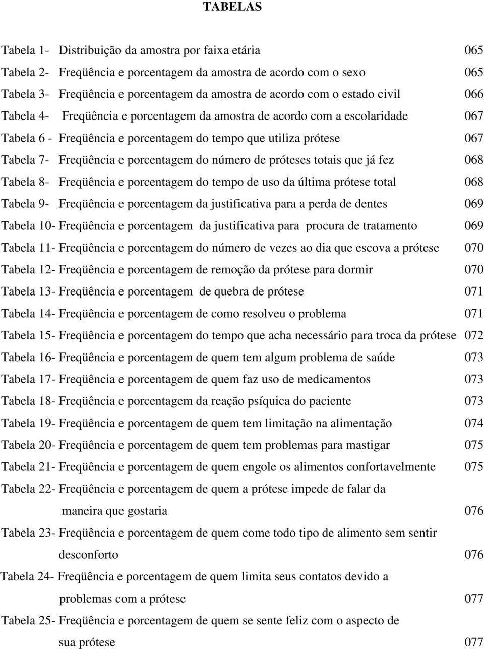 do número de próteses totais que já fez 068 Tabela 8- Freqüência e porcentagem do tempo de uso da última prótese total 068 Tabela 9- Freqüência e porcentagem da justificativa para a perda de dentes